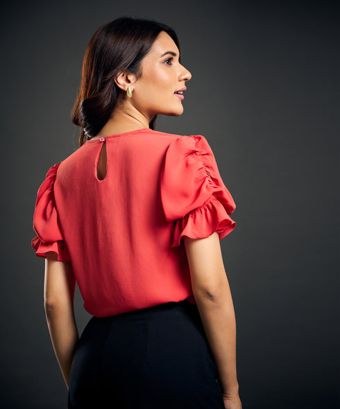 Sleeve Gathered Crepe Chiffon Top